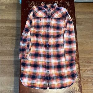 Women’s Duluth Trading Co Pink(?)/Navy Blue Plaid Folklore Flannel Duster Small